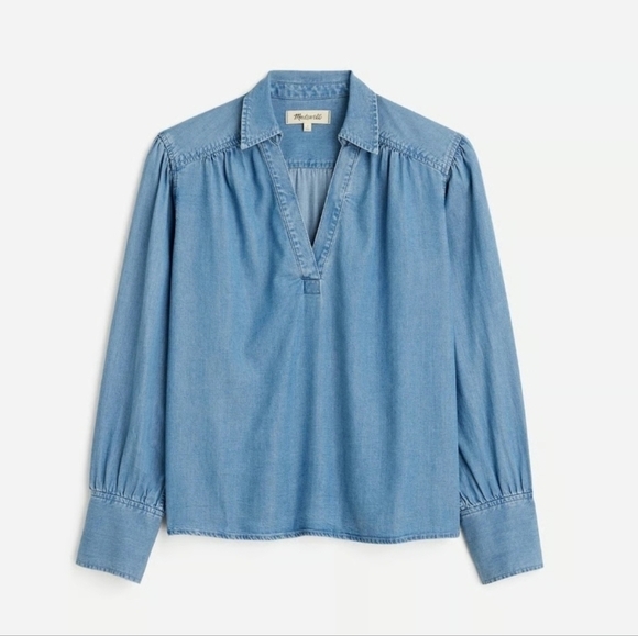 Madewell Chambray Easy Y-Neck Button-Up Denim Shirt in Ritch Wash XS $98 - Picture 2 of 13